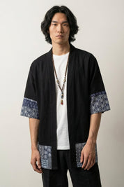 Schwarze Herren-Kimono-Jacke Mitsuo leicht, japanisches Streetwear-Haori, Kordeln Vorderansicht