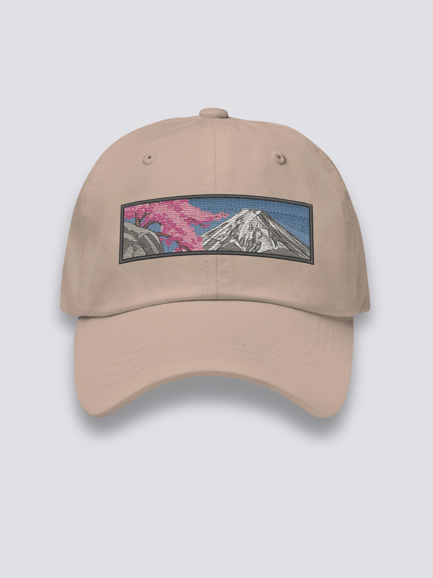 Japanische Landschafts-Cap – japanische Cap, gestickter Fuji im Sumi-e-Stil, Detailaufnahme der Stickerei