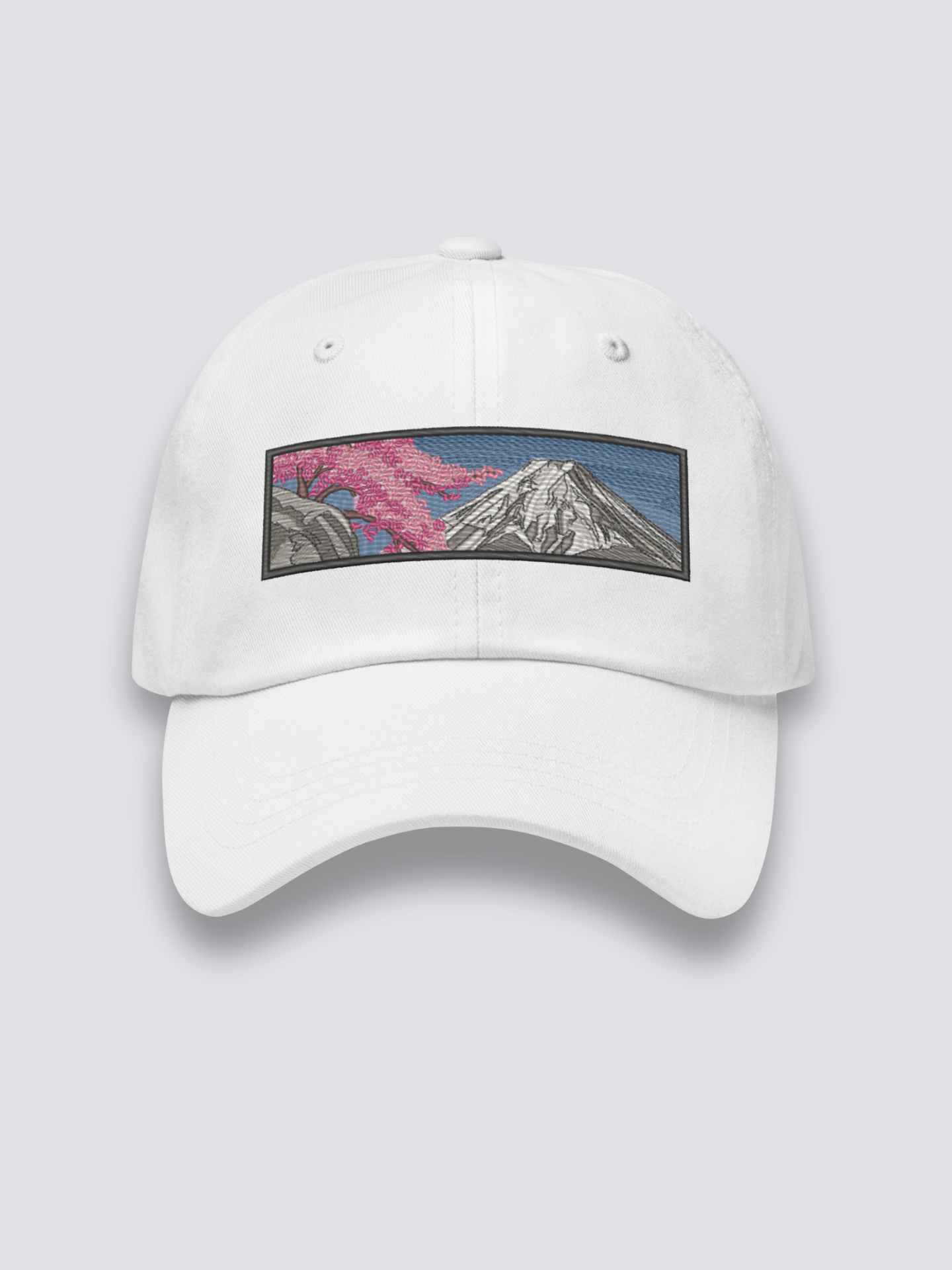 Japanische Landschafts-Cap – japanische Cap, gestickter Fuji im Sumi-e-Stil, Vorderansicht