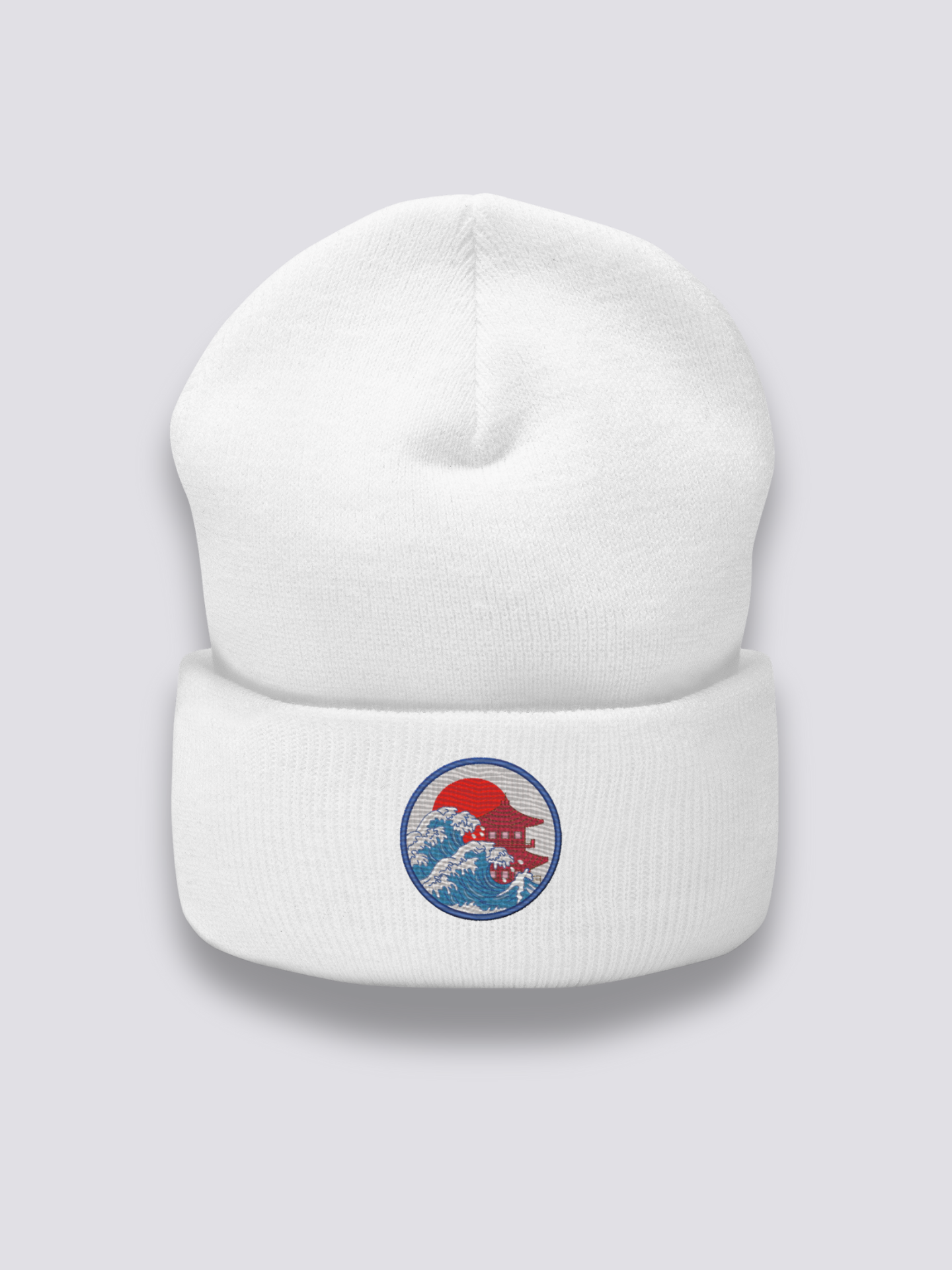 Japanische Logo-Beanie – Beanie, gesticktes Medaillon Welle-Pagode-Sonne, Seitenansicht