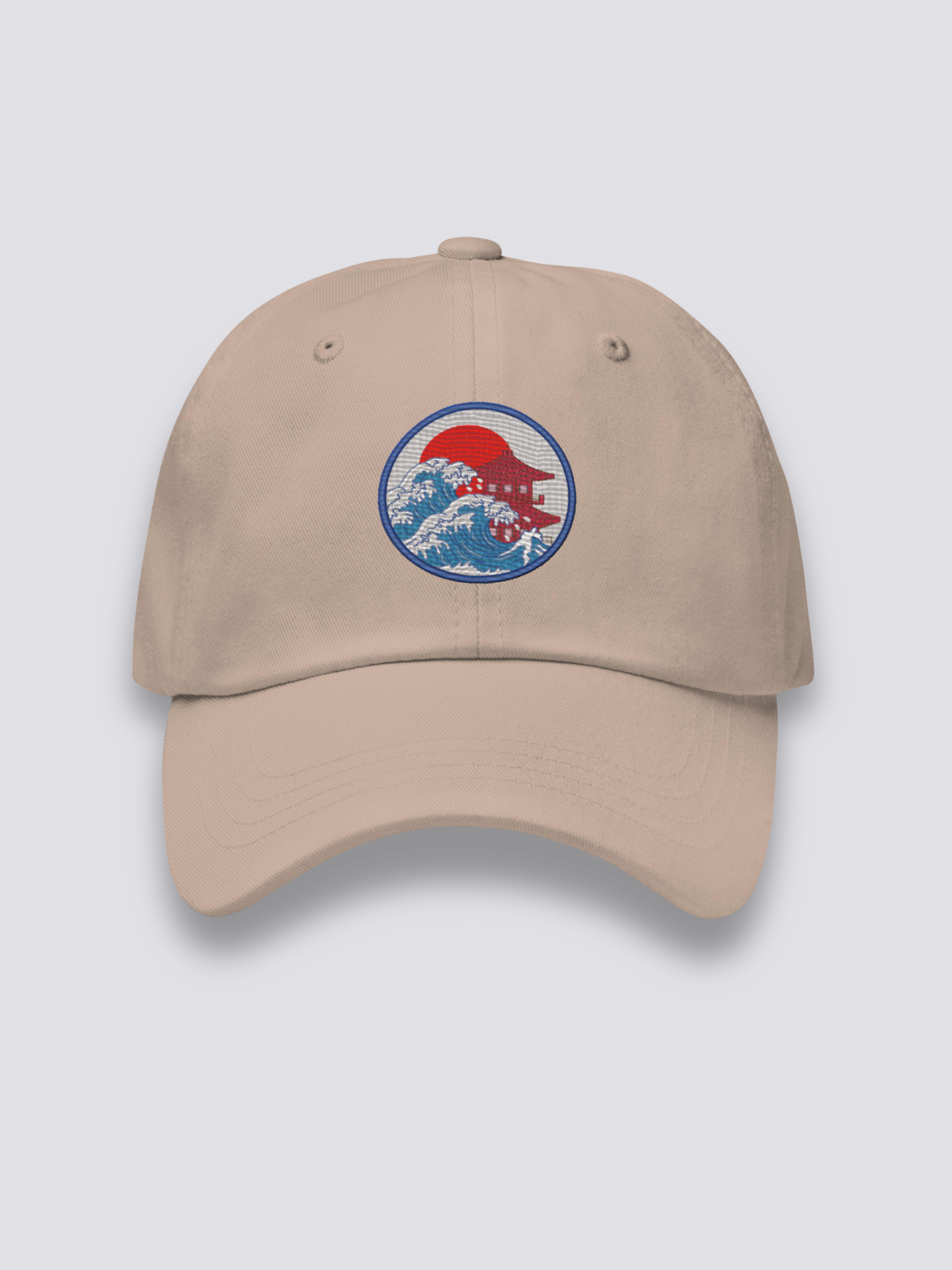 Japanische Logo-Cap – japanische Cap, gesticktes Medaillon Welle-Pagode-Sonne, Detailaufnahme der Stickerei