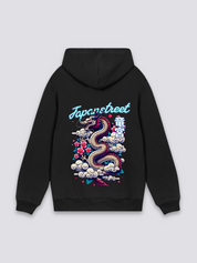 japanischer Drachen-Hoodie in Schwarz, oversize Kapuzenpullover mit Ryūjin, Meeresdrache in Wolken