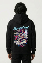 japanischer Drachen-Hoodie mit Ryūjin, Meeresdrache in Wolken, Rückenansicht des oversize Streetwear-Hoodies
