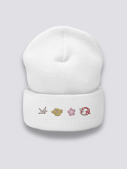 Japanische Muster-Beanie – Beanie, vier gestickte Ikonen: Kranich, Geta, Sakura, Koi, Seitenansicht