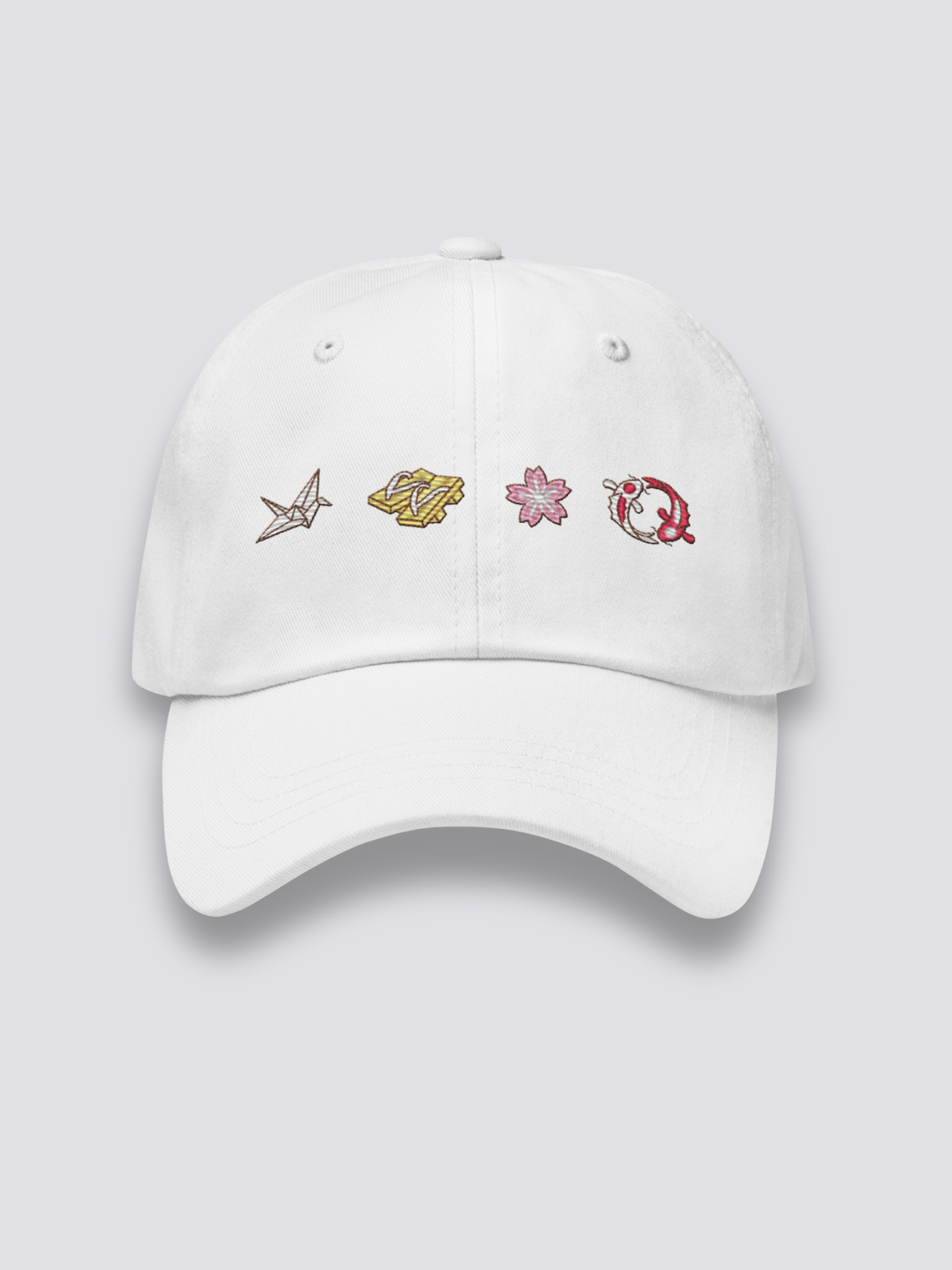 Japanische Muster-Cap – japanische Cap, vier gestickte Ikonen: Kranich, Geta, Sakura, Koi, Seitenansicht