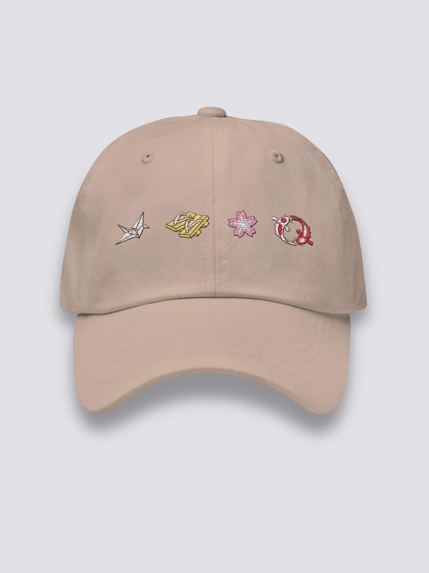Japanische Muster-Cap – japanische Cap, vier gestickte Ikonen: Kranich, Geta, Sakura, Koi, Vorderansicht