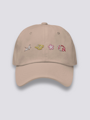 Japanische Muster-Cap – japanische Cap, vier gestickte Ikonen: Kranich, Geta, Sakura, Koi, Vorderansicht