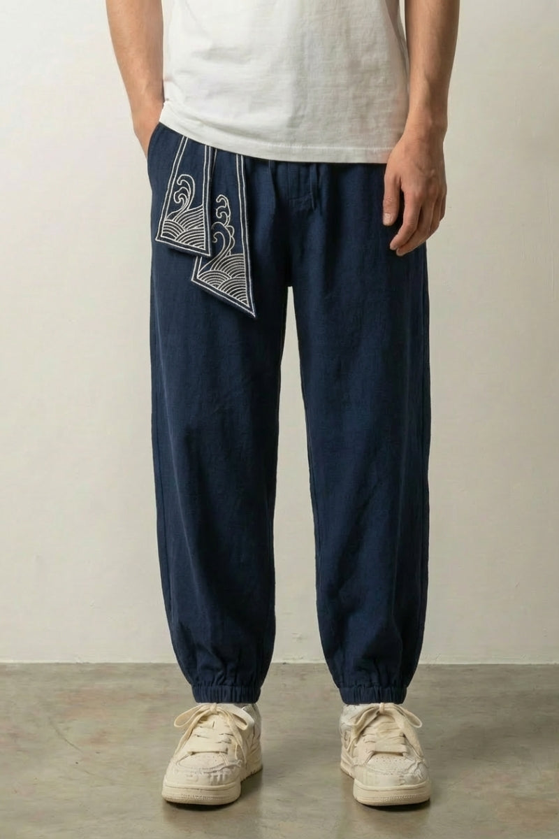 Japanische Sarouel-Hose 'Raijin', Seitenansicht Detail – japanische Hose Herren traditioneller Stil
