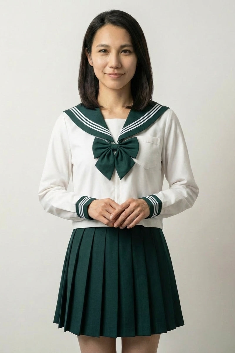 Japanische Schuluniform Grün 'Midori' – japanische Schuluniform Sailor, Sailor-Uniform in Grün mit weißer Bluse, Vorderansicht