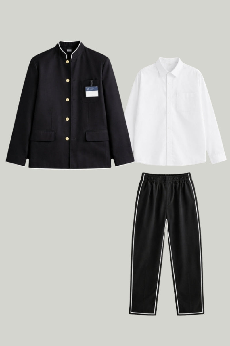 Japanische Schuluniform Herren 'Gakuran' – japanische Schuluniform Gakuran, Gakuran-Herrenuniform mit Jacke, Hemd und Hose, Detailaufnahme