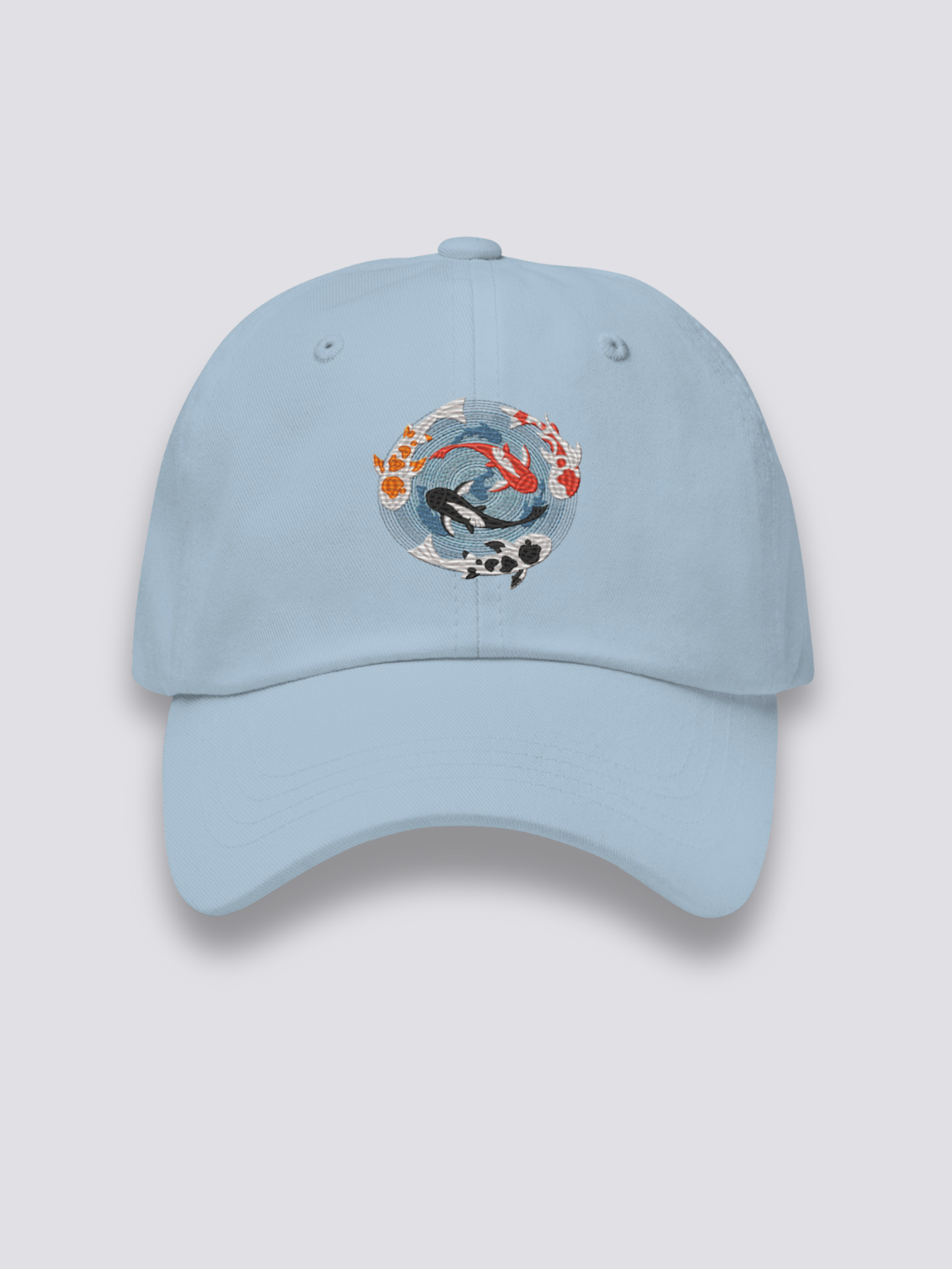Japanische Stickerei-Cap – japanische Cap, gestickter Koi-Teich von oben im Medaillon, Seitenansicht