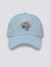 Japanische Stickerei-Cap – japanische Cap, gestickter Koi-Teich von oben im Medaillon, Seitenansicht