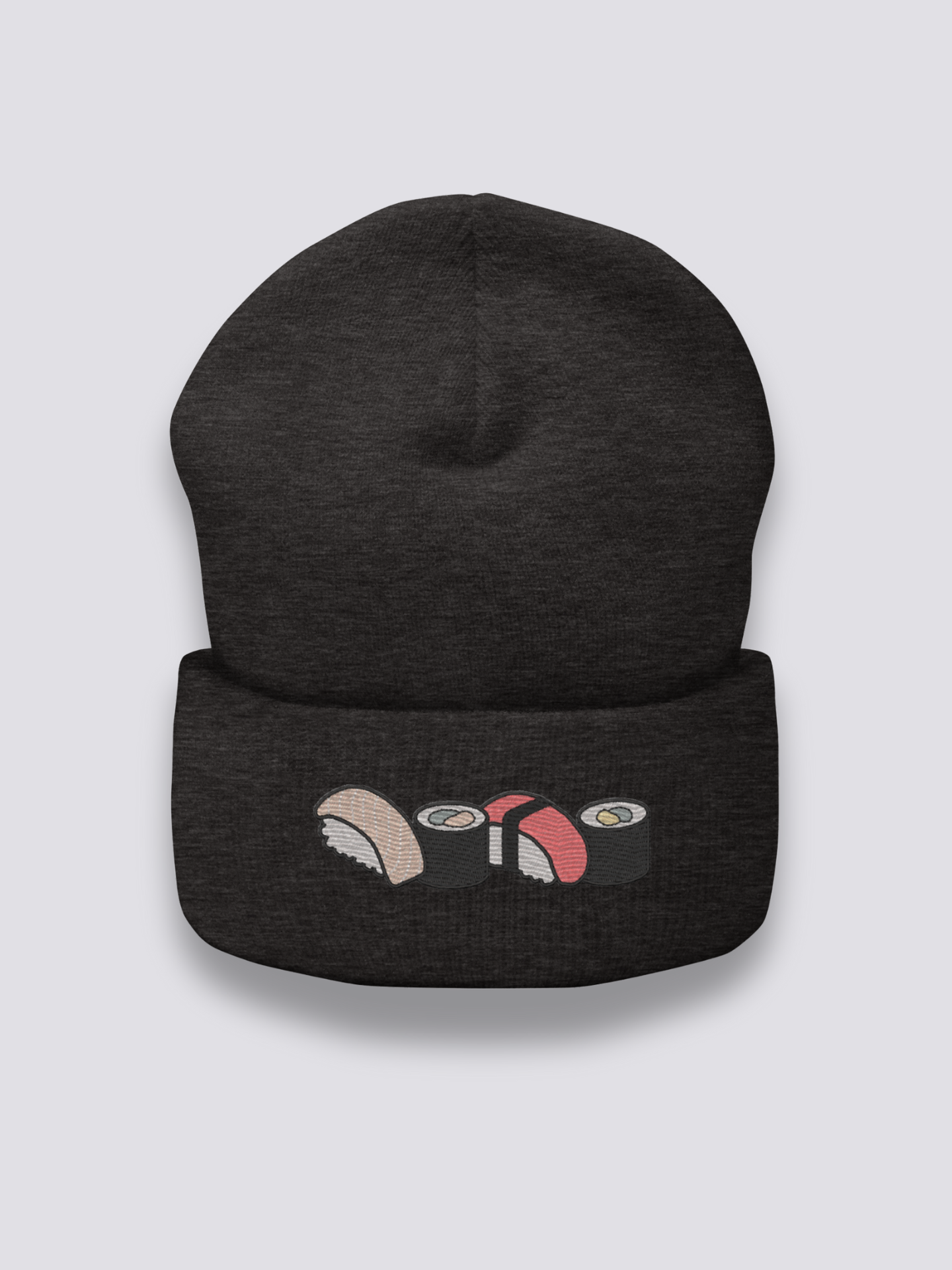Japanische Sushi-Beanie – Beanie, vier gestickte Sushi als Fries, Seitenansicht