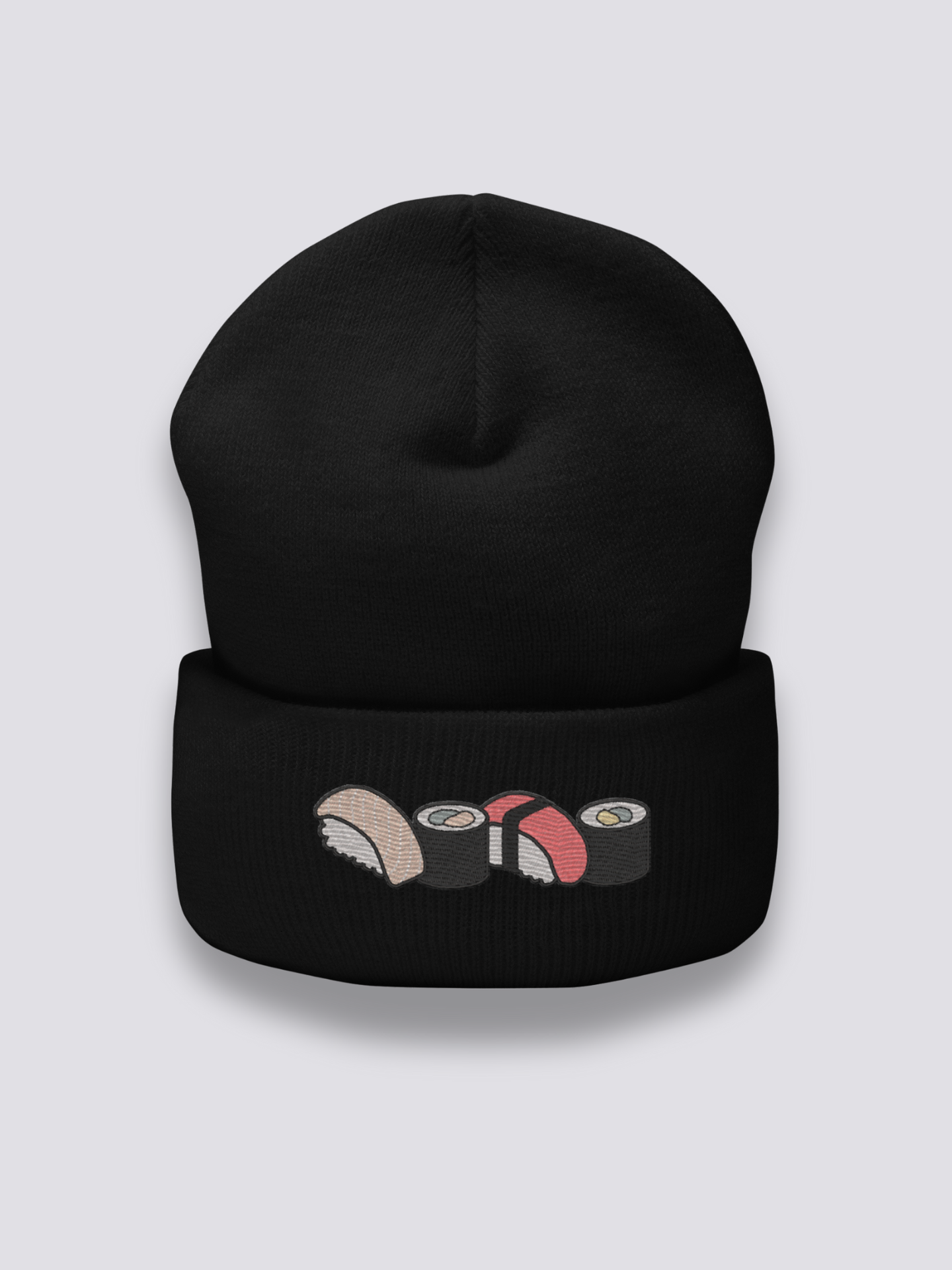 Japanische Sushi-Beanie – Beanie, vier gestickte Sushi als Fries, Rückansicht
