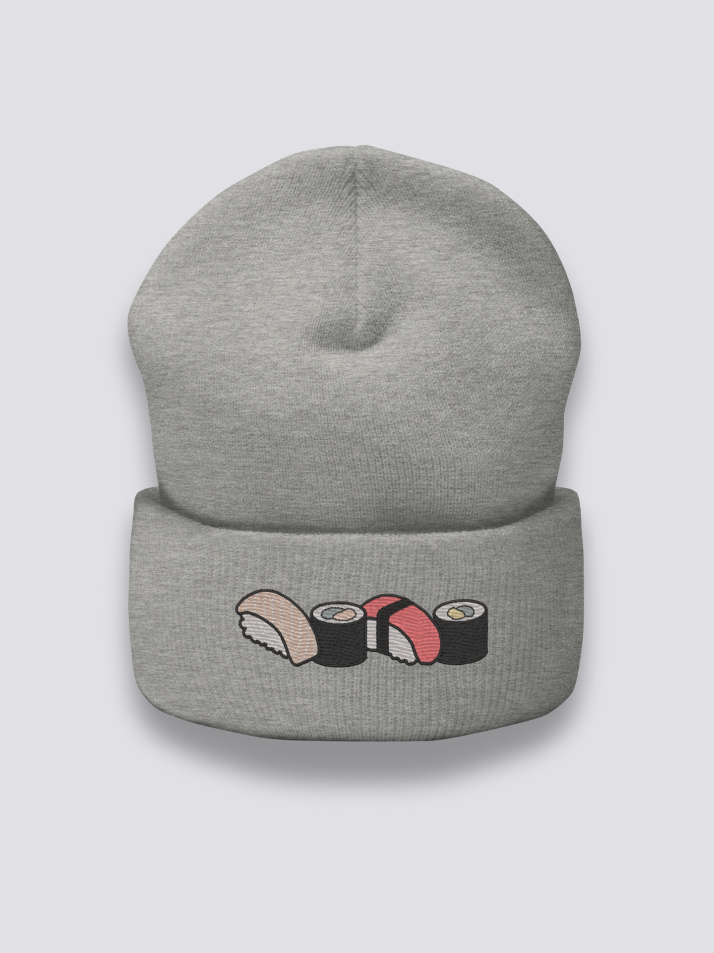 Japanische Sushi-Beanie – Beanie, vier gestickte Sushi als Fries, Vorderansicht