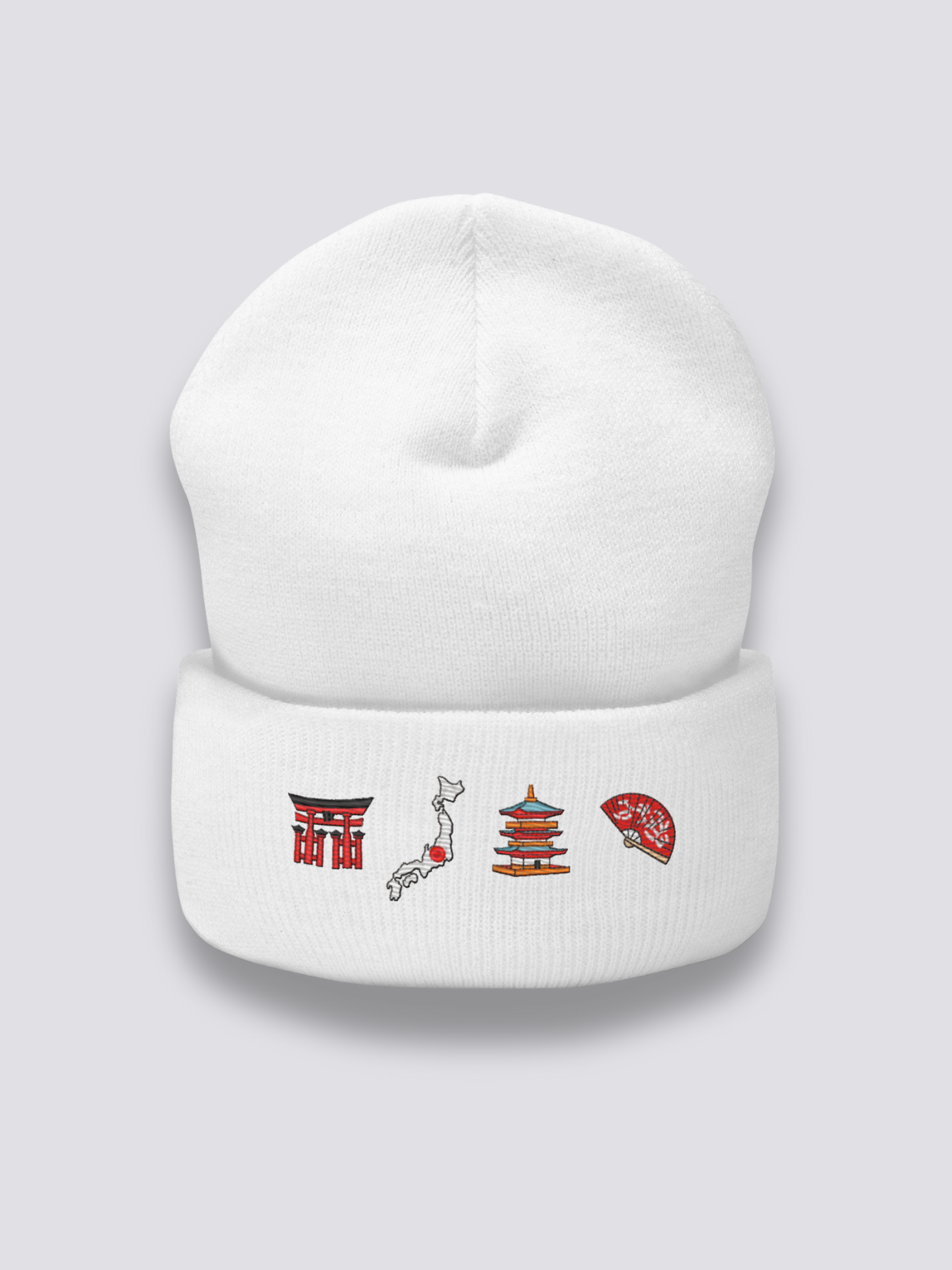 Japanische Symbole-Beanie – Beanie, vier gestickte Ikonen: Torii, Archipel, Pagode, Fächer, Vorderansicht