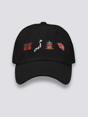 Japanische Symbole-Cap – japanische Cap, vier gestickte Ikonen: Torii, Archipel, Pagode, Fächer, Seitenansicht