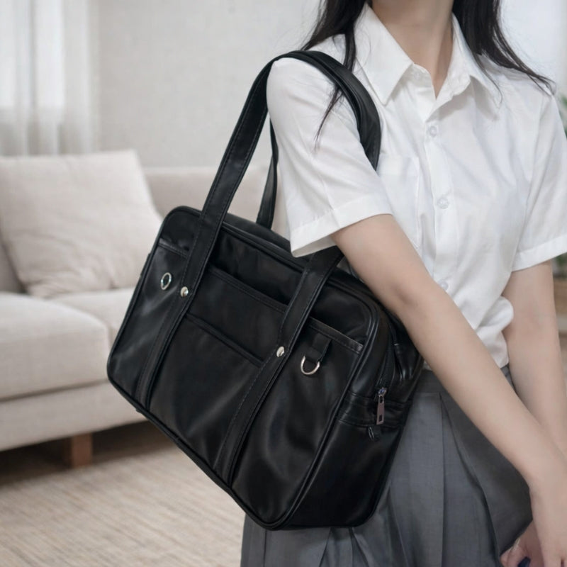Japanische Tasche 'Kaban' – japanische Tasche, schwarze Schülerinnen-Tasche aus Kunstleder, Detailaufnahme