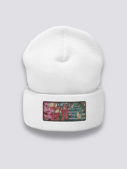 Japanische Tempel-Beanie – Beanie, gestickte Schreintreppe mit Katzen, Seitenansicht