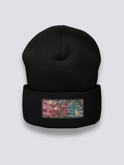 Japanische Tempel-Beanie – Beanie, gestickte Schreintreppe mit Katzen, Detailaufnahme der Stickerei
