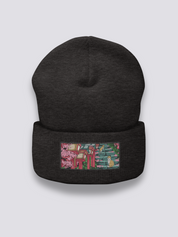Japanische Tempel-Beanie – Beanie, gestickte Schreintreppe mit Katzen, Rückansicht