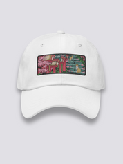 Japanische Tempel-Cap – japanische Cap, gestickte Schreintreppe mit Katzen, Detailaufnahme der Stickerei