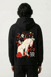 japanischer Zeichnung-Hoodie mit weißer Wolf und Kirschblüten, Rückenansicht des oversize Streetwear-Hoodies