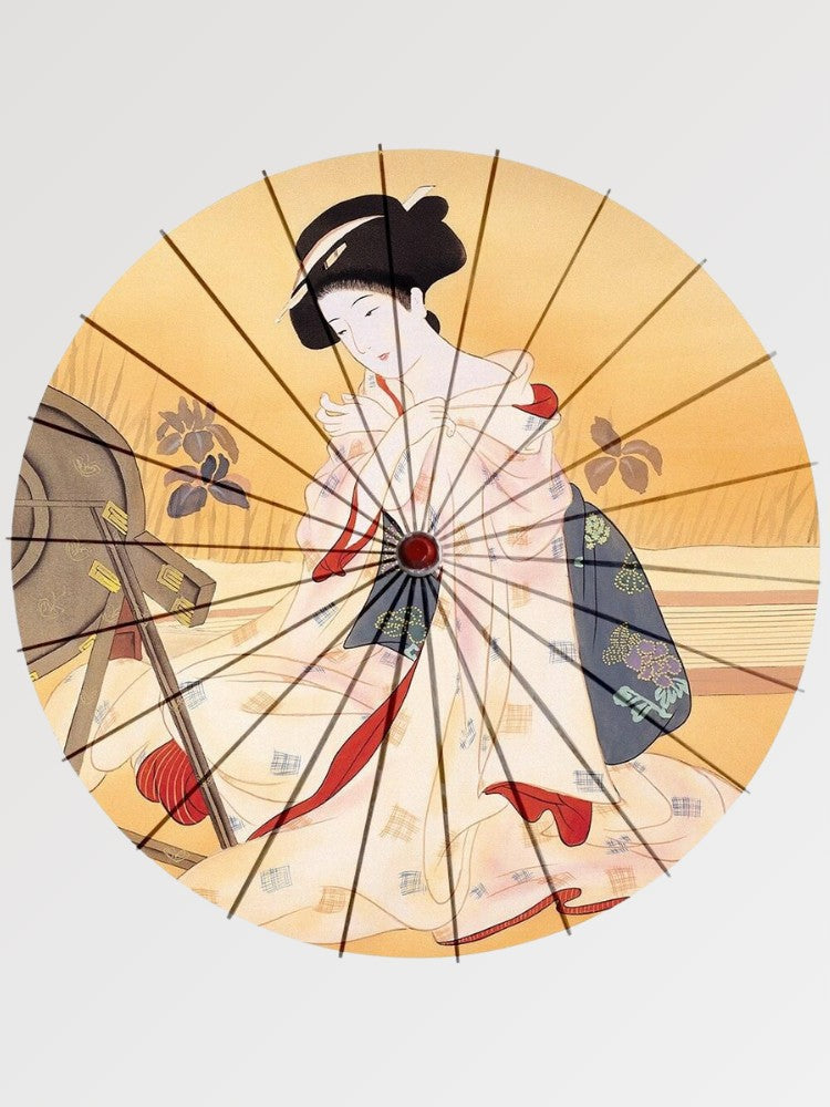 Japanischer Bambus-Wagasa Take-Amino – japanischer Wagasa-Schirm, Wagasa mit Dame im Kimono auf goldenem Grund, entfaltete Ansicht