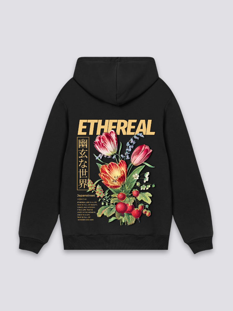 japanischer Blumen-Hoodie in Schwarz, oversize Kapuzenpullover mit ätherischer Blumenstrauß