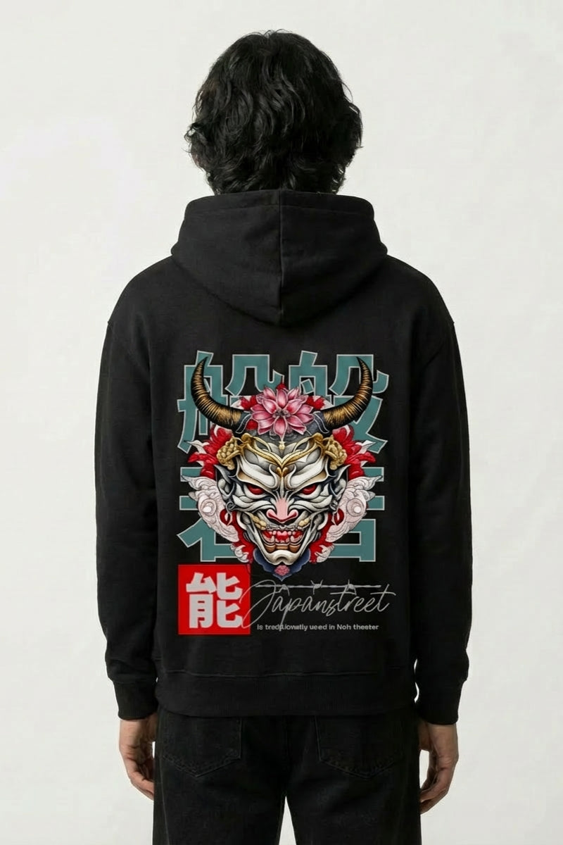 japanischer Design-Hoodie mit große Hannya-Maske, Rückenansicht des oversize Streetwear-Hoodies