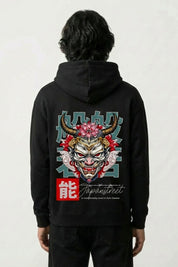 japanischer Design-Hoodie mit große Hannya-Maske, Rückenansicht des oversize Streetwear-Hoodies
