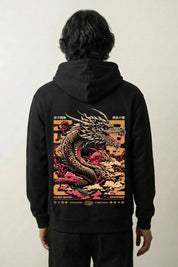 japanischer Drachen-Hoodie mit goldener Ryu, Rückenansicht des oversize Streetwear-Hoodies
