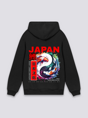 japanischer Fisch-Hoodie in Schwarz, oversize Kapuzenpullover mit zwei Koi im Yin-Yang