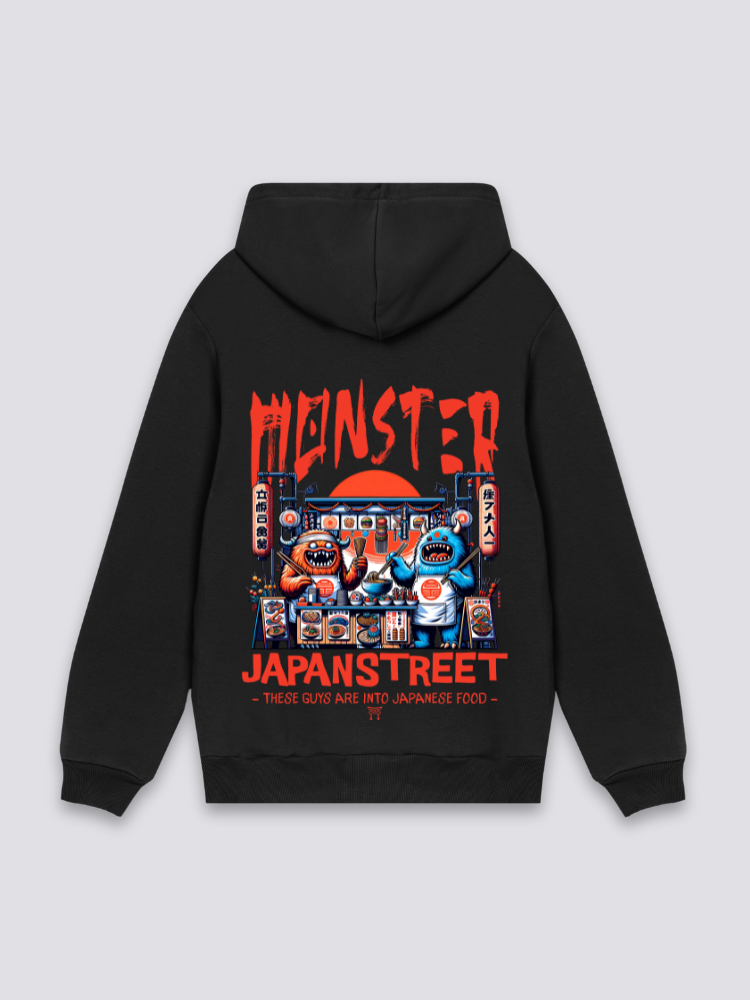 japanischer Food-Truck-Hoodie in Schwarz, oversize Kapuzenpullover mit Monster-Truck und rote Sonne