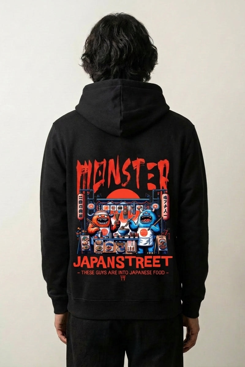 japanischer Food-Truck-Hoodie mit Monster-Truck und rote Sonne, Rückenansicht des oversize Streetwear-Hoodies