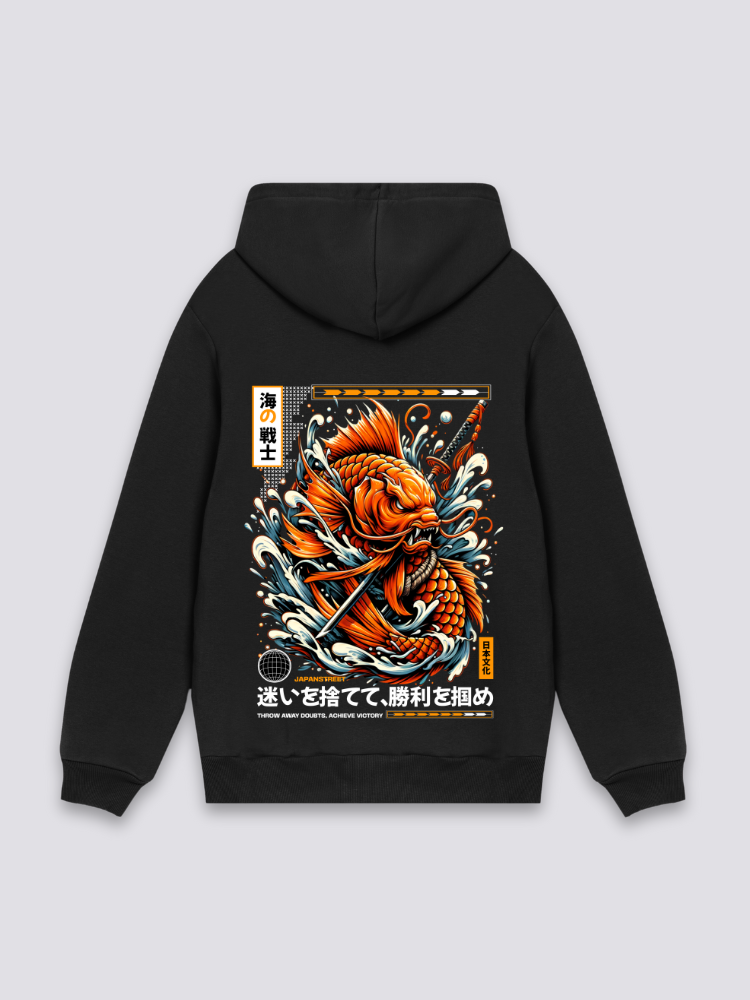 japanischer Grafik-Hoodie in Schwarz, oversize Kapuzenpullover mit Koi-Karpfen in der Welle