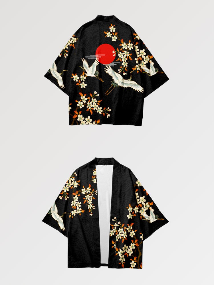 japanischer Haori 'Kitakami' mit Kimonoärmeln, Layering-Jacke mit Kranichen und aufgehender Sonne