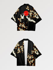 japanischer Haori 'Kitakami' mit Kimonoärmeln, Layering-Jacke mit Kranichen und aufgehender Sonne