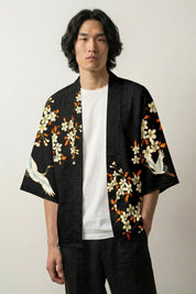 japanischer Haori 'Kitakami', offene Kimono-Jacke mit Kranichen und aufgehender Sonne, Rückenansicht