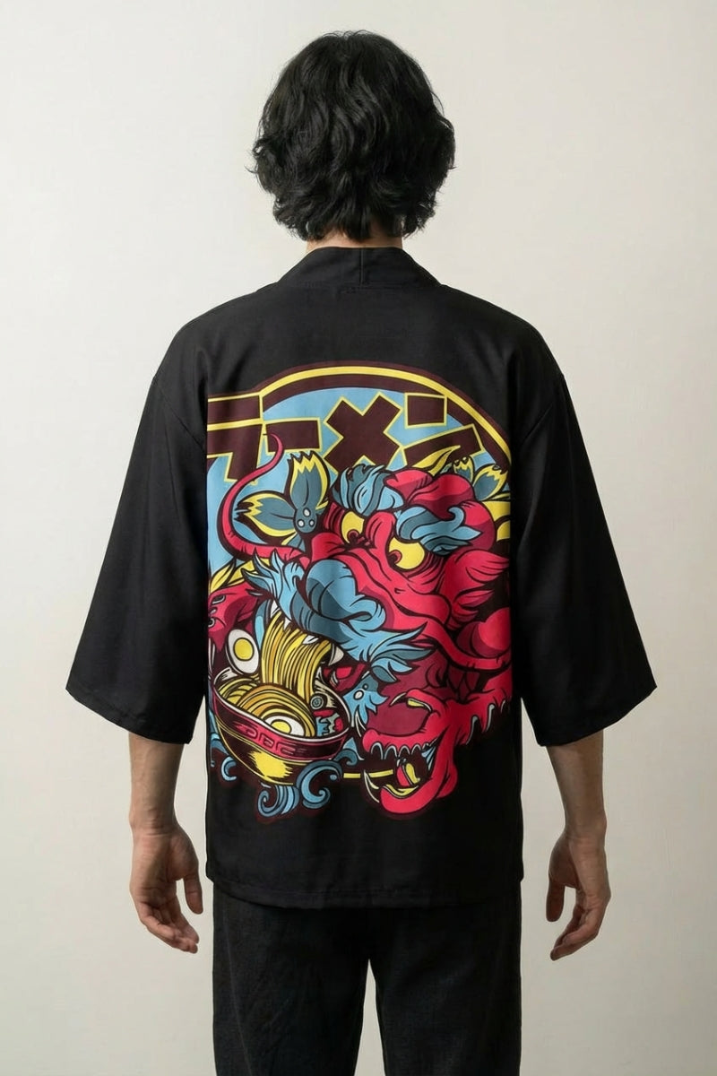 japanischer Haori mit rosa Drachen und Ramen-Schale, japanischer Haori in Vorderansicht