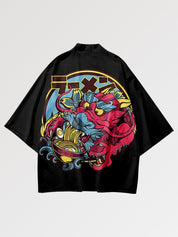 japanischer Haori, getragene Ansicht der offenen Haori-Jacke mit rosa Drachen und Ramen-Schale