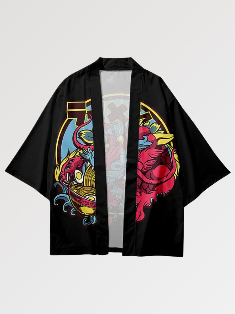 japanischer Haori, Detailansicht des Rückenmotivs mit rosa Drachen und Ramen-Schale