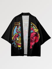 japanischer Haori, Detailansicht des Rückenmotivs mit rosa Drachen und Ramen-Schale