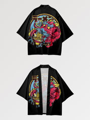 japanischer Haori mit Kimonoärmeln, Layering-Jacke mit rosa Drachen und Ramen-Schale