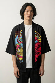 japanischer Haori, offene Kimono-Jacke mit rosa Drachen und Ramen-Schale, Rückenansicht