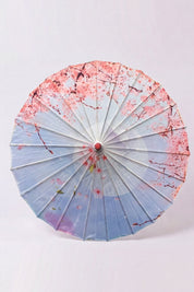Japanischer Wagasa 'Kekkon' von oben, flach geöffnet — hellblau-rosa Bespannung mit stilisierten Wolken und Blüten, Streben strahlen von der Nabe aus