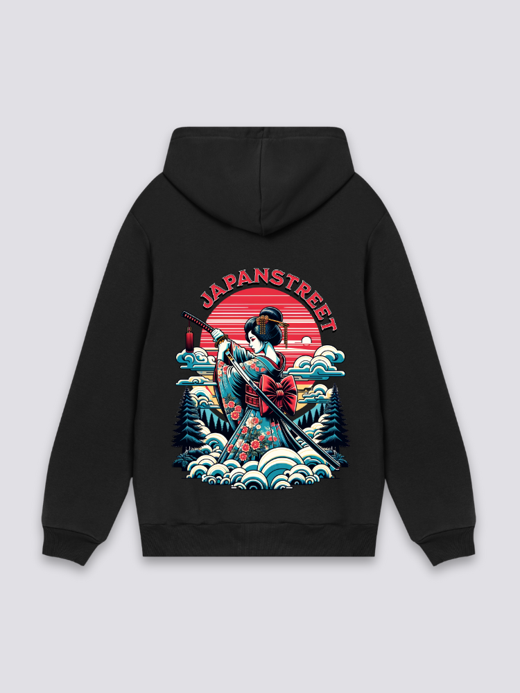 japanischer Kapuzenpulli in Schwarz, oversize Kapuzenpullover mit Geisha und Samurai