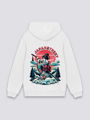 japanischer Kapuzenpulli in Weiß, japanischer Streetwear-Hoodie mit Geisha und Samurai