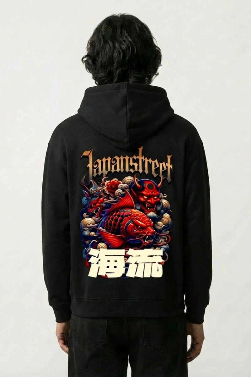 japanischer Kapuzenpullover in Übergröße mit Oni und Koi-Karpfen, Rückenansicht des oversize Streetwear-Hoodies