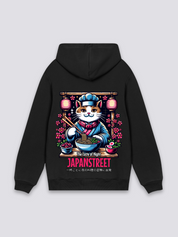 japanischer Katzen-Hoodie in Schwarz, oversize Kapuzenpullover mit Koch-Katze und Ramen-Schale